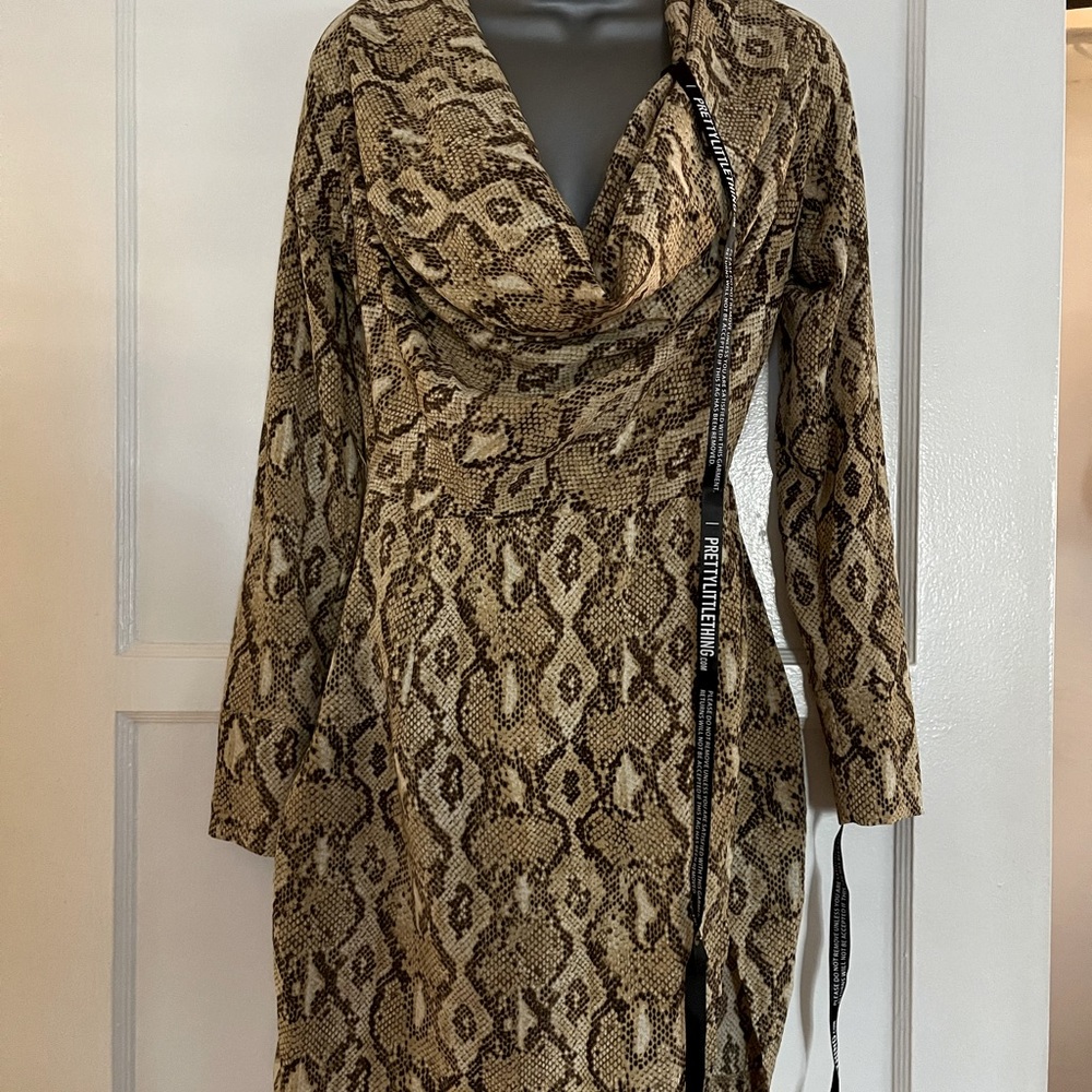 Pretty Little Thing, snakeskin dress with cowl neck and side slit
